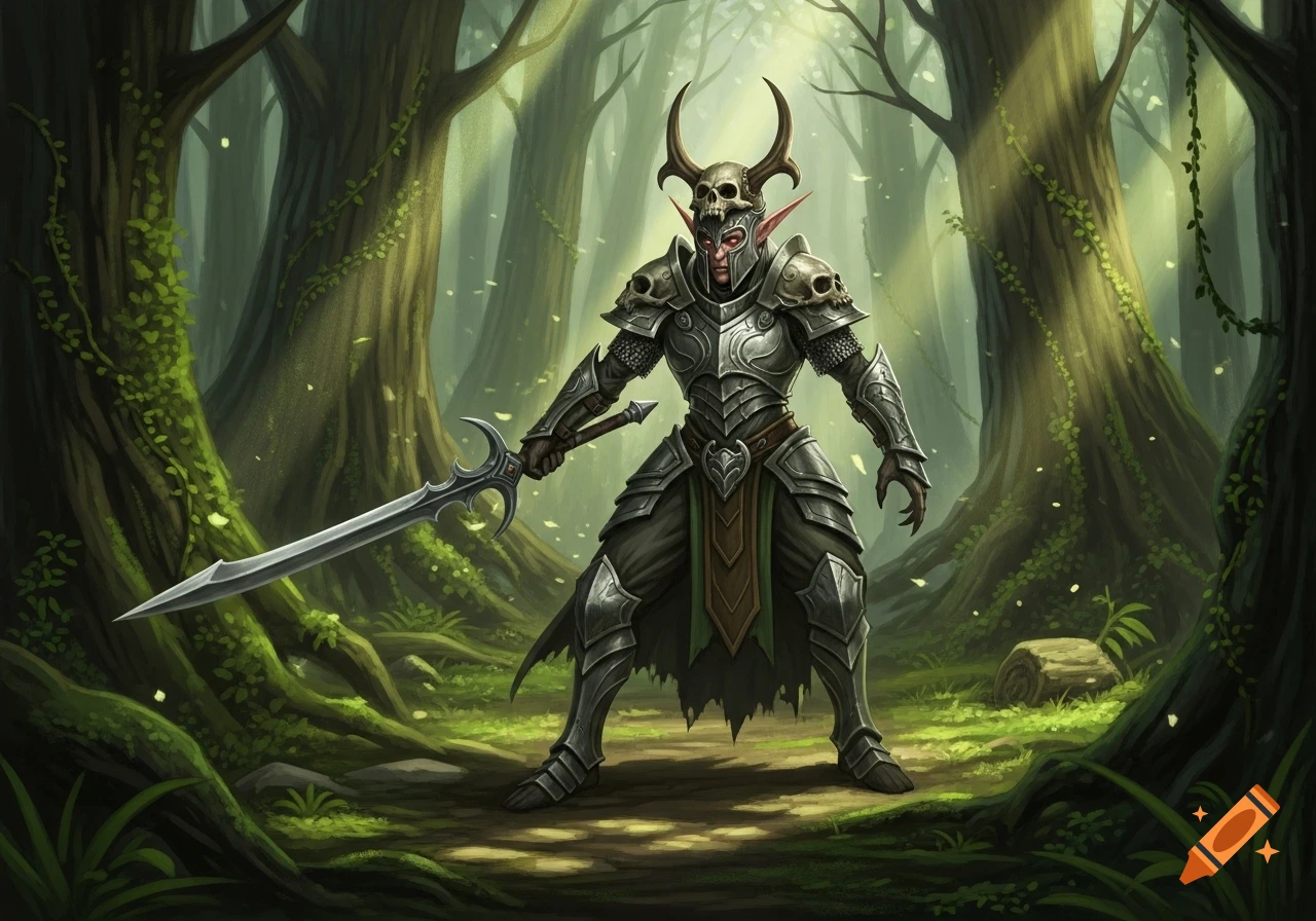 A lean wood elf fighter in detailed silver armor with a skull helmet and horns, holding a long sword in a mystical forest.