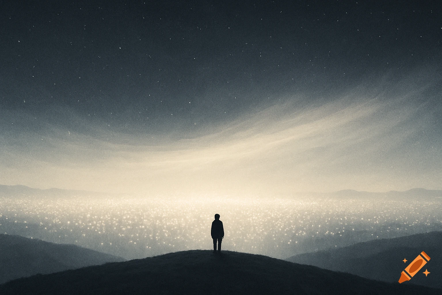 A lone silhouette stands on a hill overlooking a vast expanse of shimmering lights under a dark, star-filled sky.