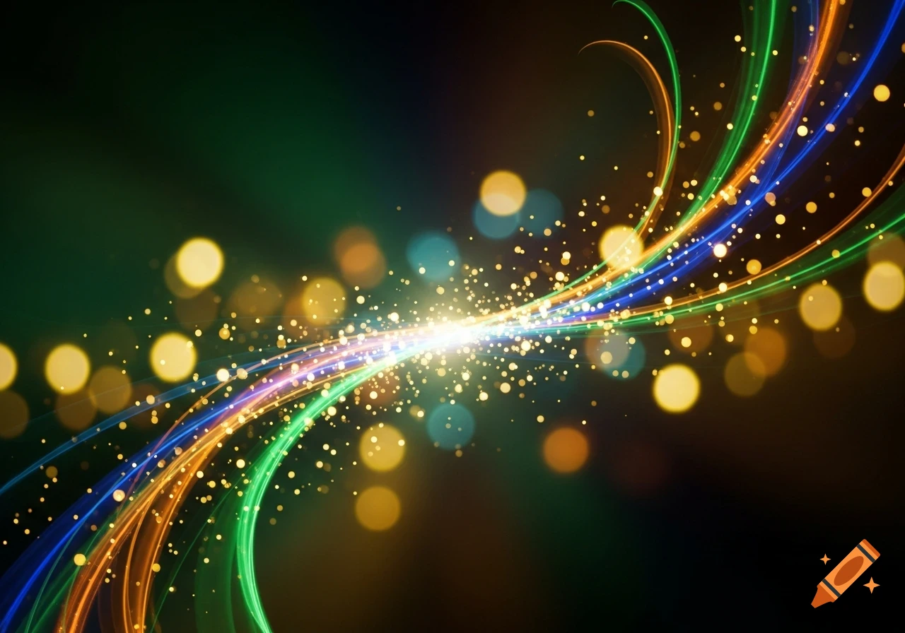 A dark background with swirling, colorful light trails (green, orange, blue) and numerous sparkling golden bokeh effects and glitter.