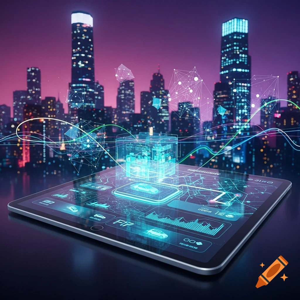 A futuristic tablet displays a fleet app interface with a holographic city model, set against a blurred neon cityscape at dusk.