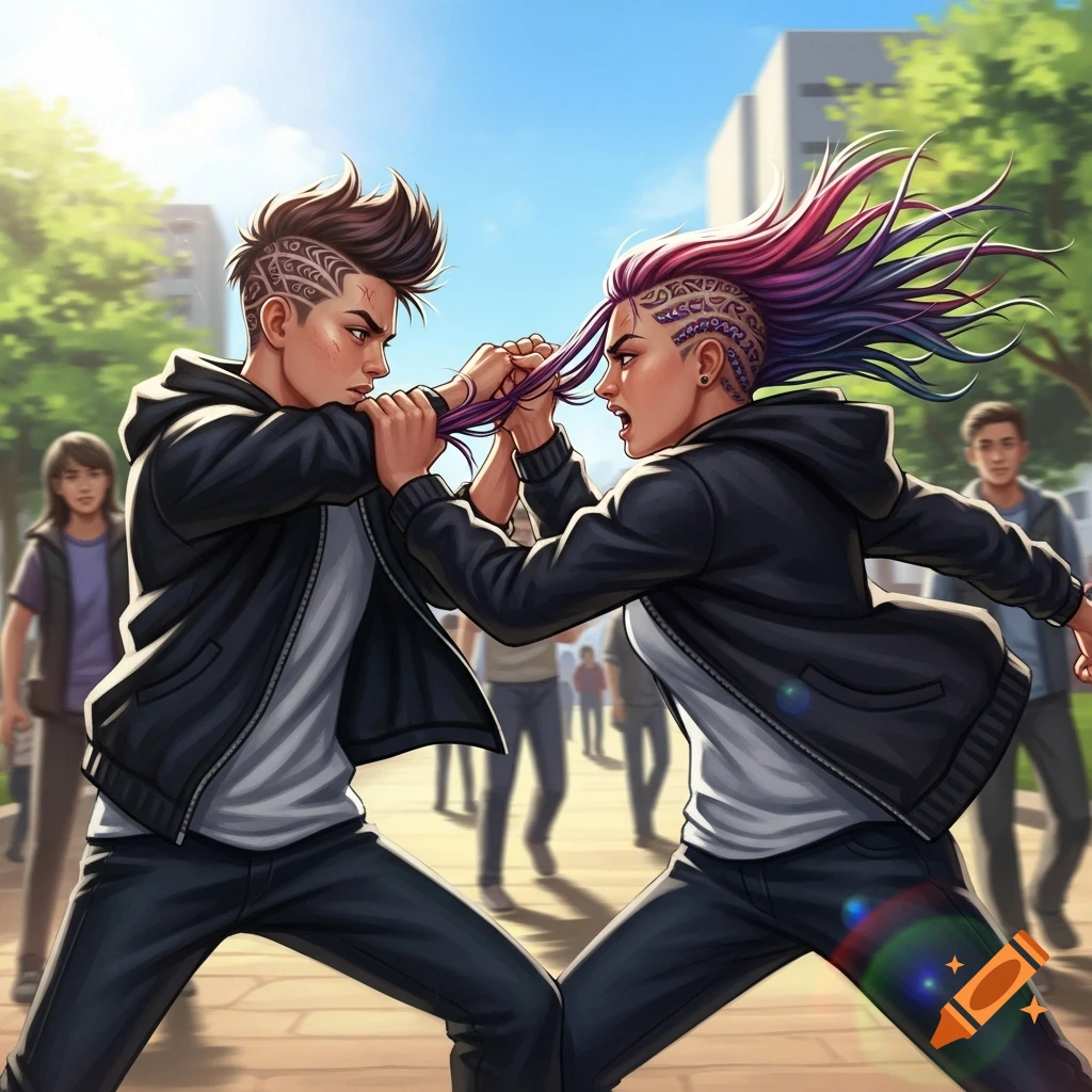 Two young people with stylized hair fighting, pulling each other's hair, in an outdoor setting.