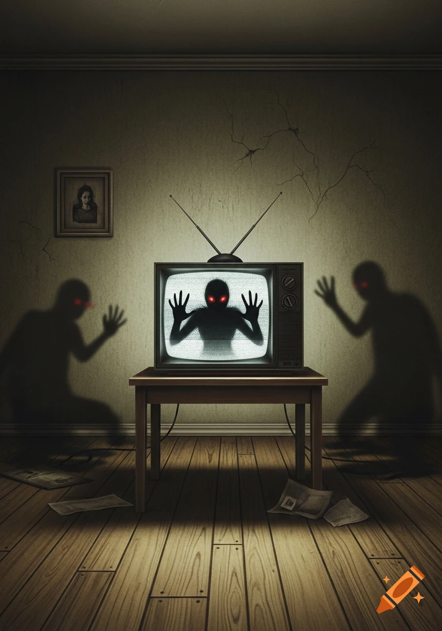 A dark, eerie room with an old TV displaying a shadowy figure with glowing red eyes, flanked by two more shadows.