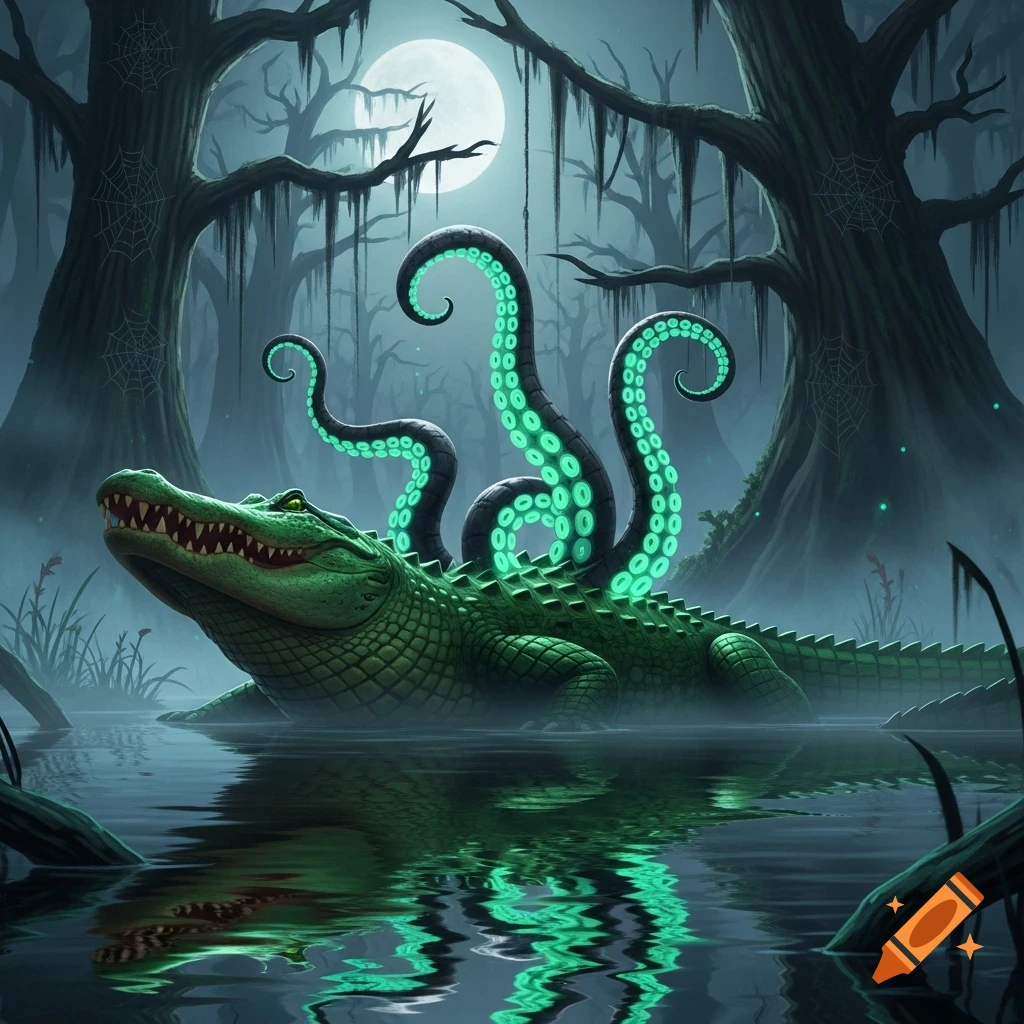 A green alligator with glowing green tentacles on its back emerges from a dark, misty swamp under a bright full moon.