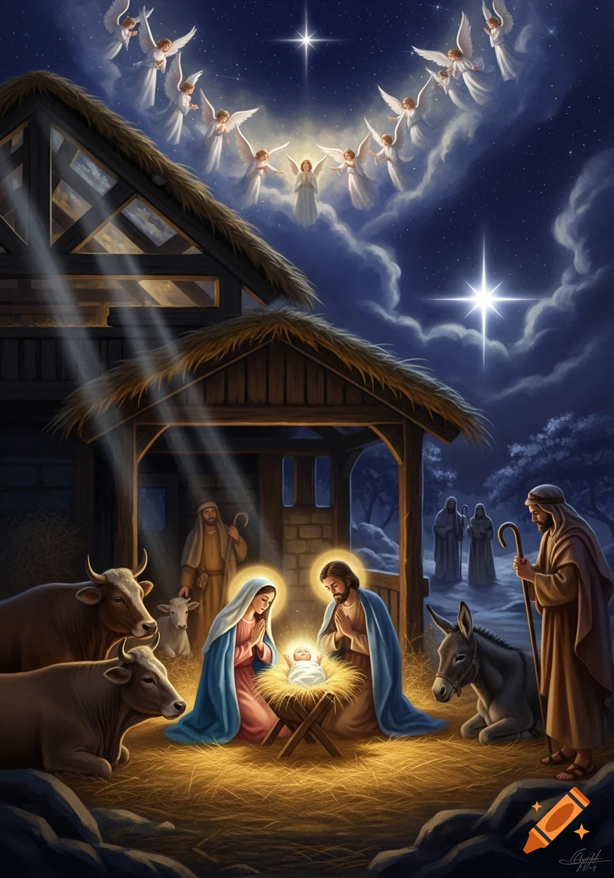 A painterly Nativity scene shows Mary and Joseph adoring baby Jesus in a stable, with shepherds, animals, and angels under a starry night sky.