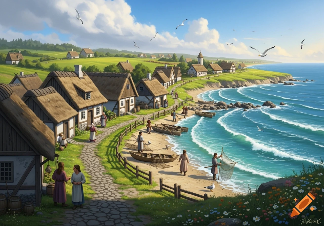 A vibrant painting of a peaceful medieval Frisian coastal village with thatched-roof houses, people, and fishing boats along the shore under a blue sky.