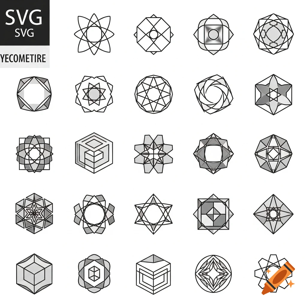 A grid of 25 unique geometric icons, featuring various abstract shapes, lines, and patterns in black and gray on a white background.