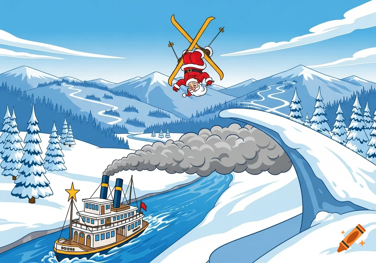 Cartoon Santa Claus skis upside down over a steamboat whose smoke forms a star, set against snowy mountains.