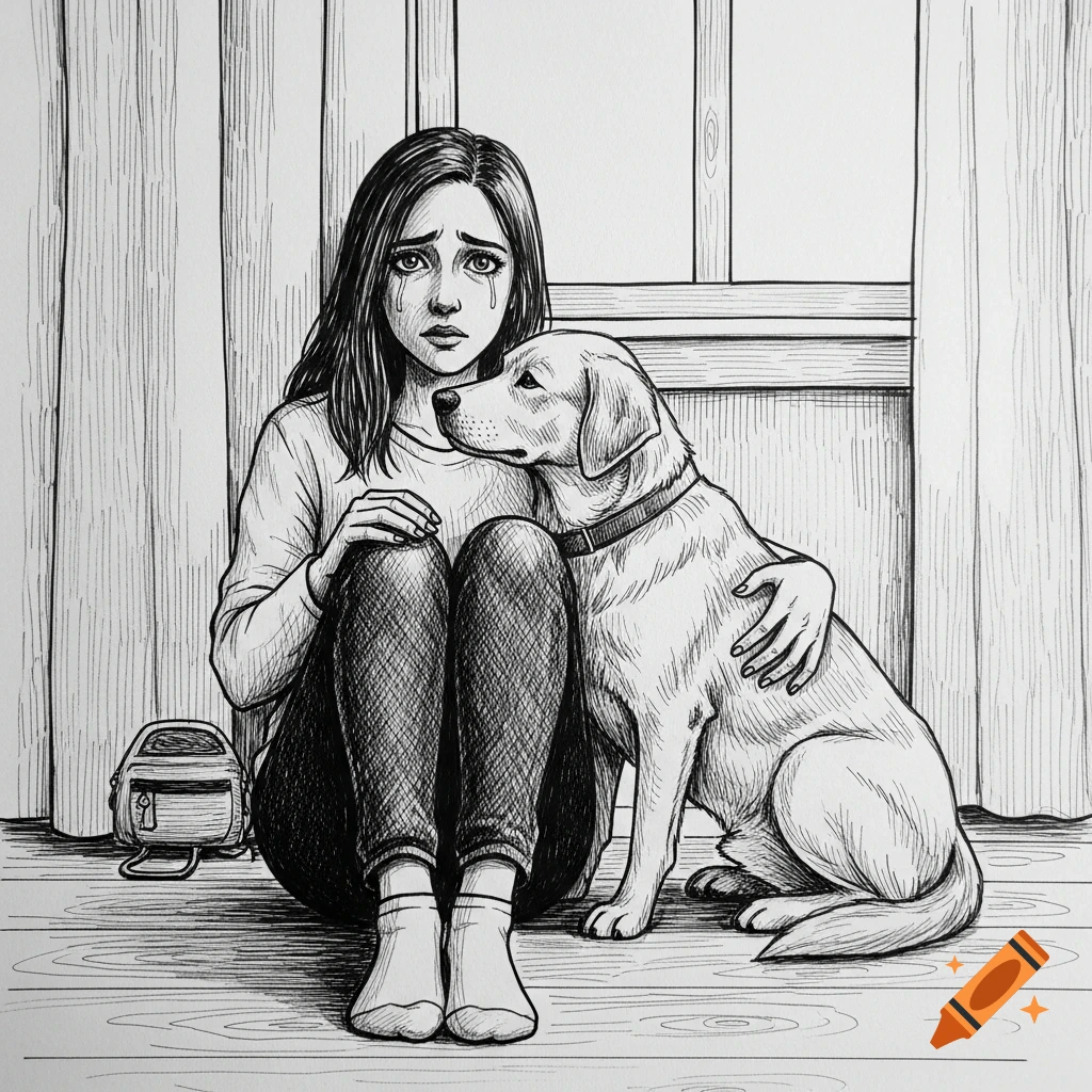 Black and white ink drawing of a crying woman sitting on the floor, comforted by a golden retriever dog leaning against her.