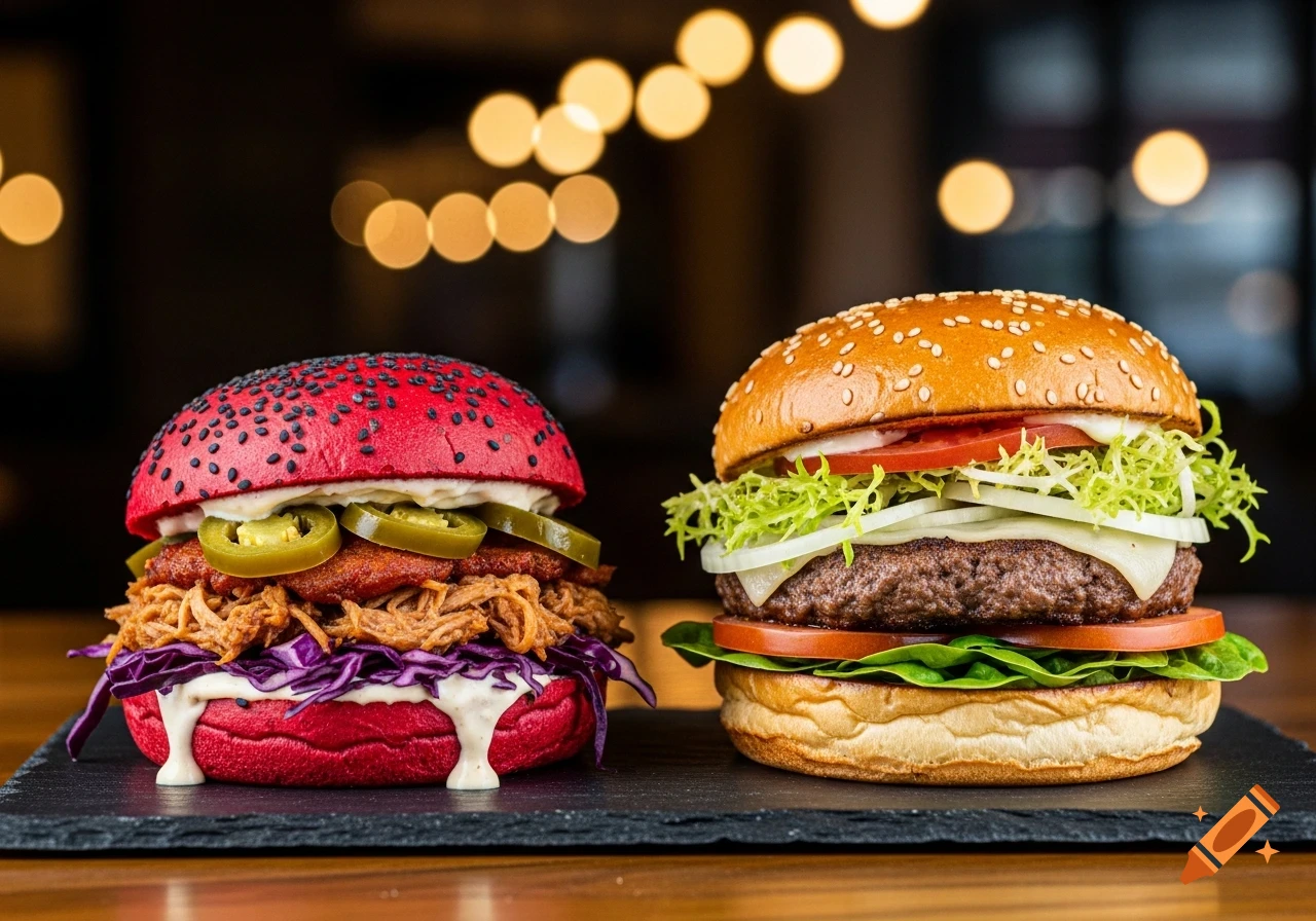 Two gourmet burgers on a black slate board. One has a red bun, pulled pork, and jalapenos. The other has a classic bun, beef patty, lettuce, tomato, and onion.
