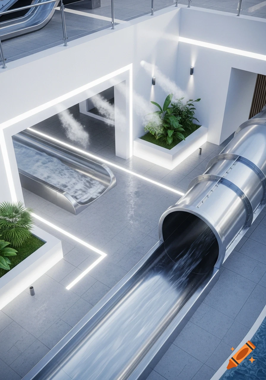 Overhead view of a modern indoor water park with stainless steel water slides, white walls, green plants, and cool LED lighting.