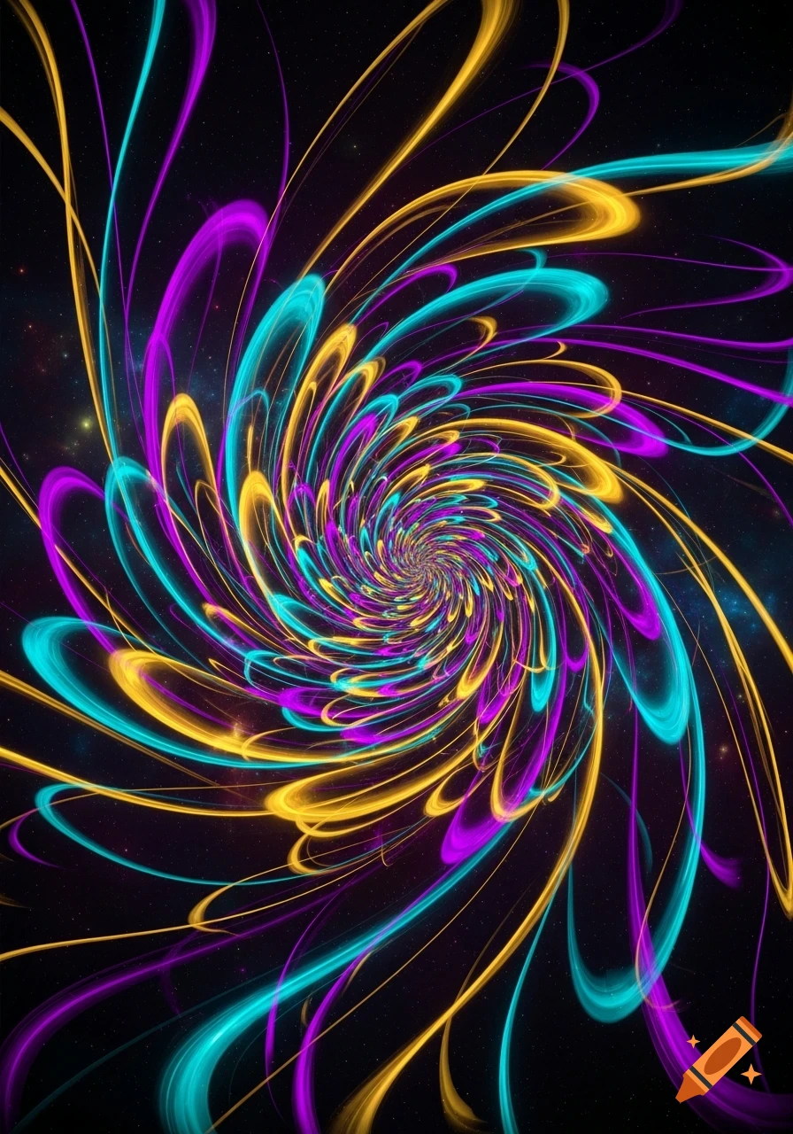 Abstract swirling patterns of bright yellow, magenta, and cyan light trails against a dark, starry background.