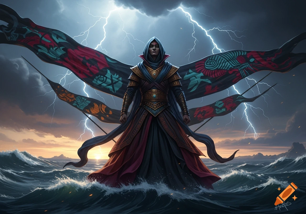 A cloaked figure with ornate armor stands in stormy seas under a lightning-filled sky, with large patterned banners behind, in a dramatic fantasy digital painting.