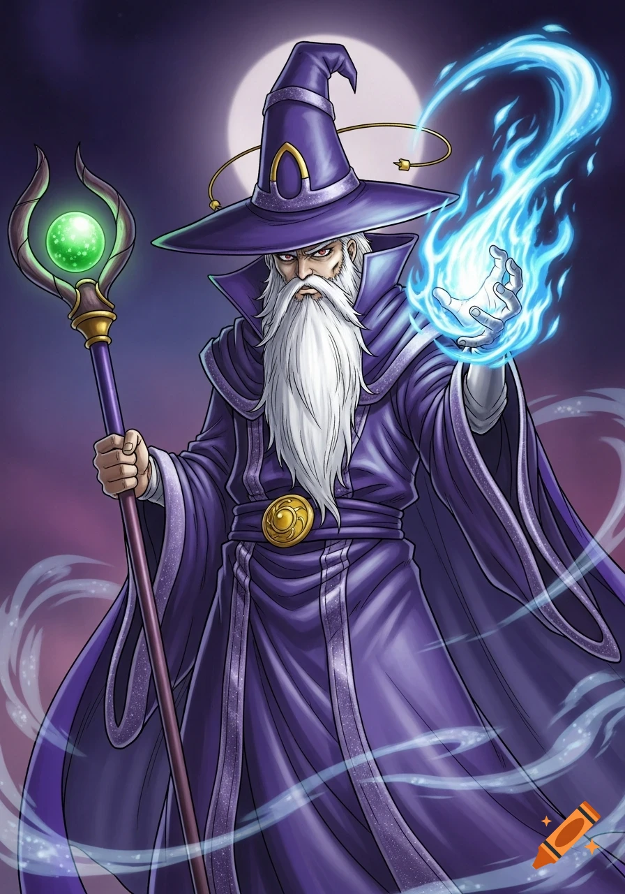 A manga-style illustration of an old wizard with a white beard, purple robe, and wide-brimmed hat, holding a staff and casting blue flames, with a full moon behind him.