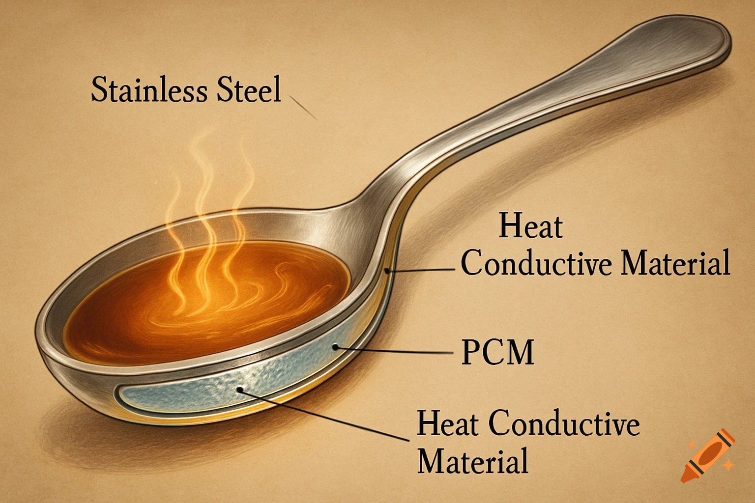 A cross-section diagram of a teaspoon showing a double wall design with hot tea. Labels identify 'Stainless Steel', 'Heat Conductive Material', and 'PCM' layers.