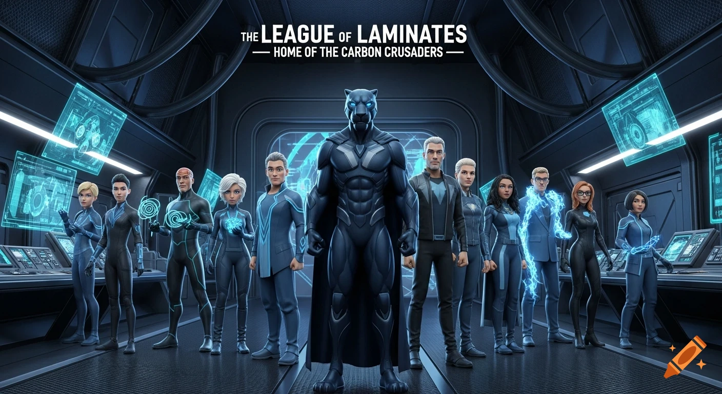 A 3D cinematic illustration of a diverse superhero team led by a panther-themed commander in a futuristic lab.