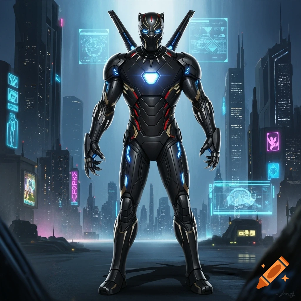 A Black Panther and Iron Man hybrid superhero in a black and red suit with glowing blue accents stands in a futuristic city at night.