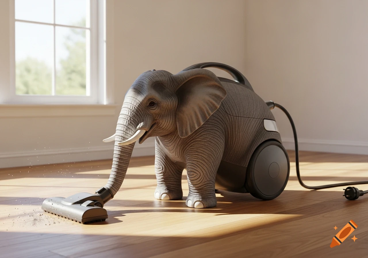 A photorealistic image of a gray elephant, shaped like a canister vacuum cleaner, vacuuming a wooden floor in a sunlit room.