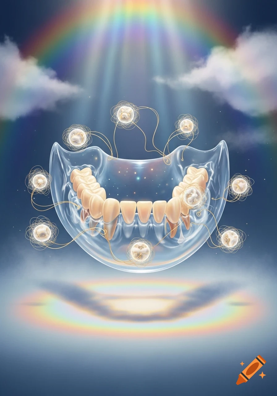 A surreal medical illustration of a transparent jaw holding human teeth, surrounded by glowing orbs with wires, under a rainbow sky.