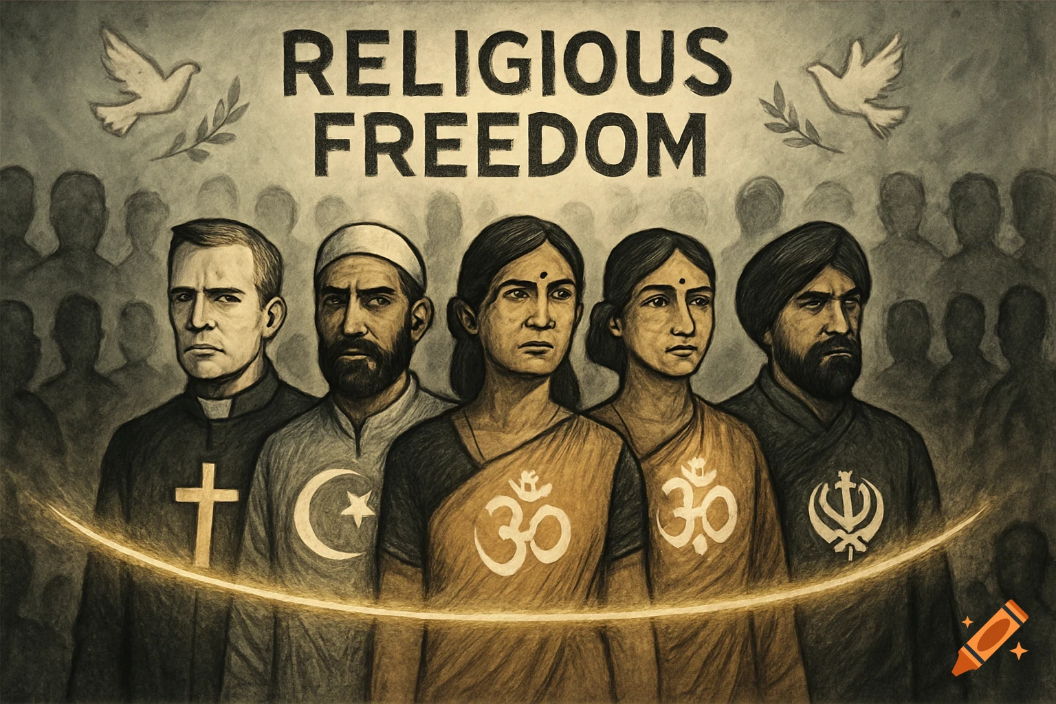 Stylized illustration of diverse people from different religions with symbols, under 'RELIGIOUS FREEDOM' text, doves, and a golden arc.