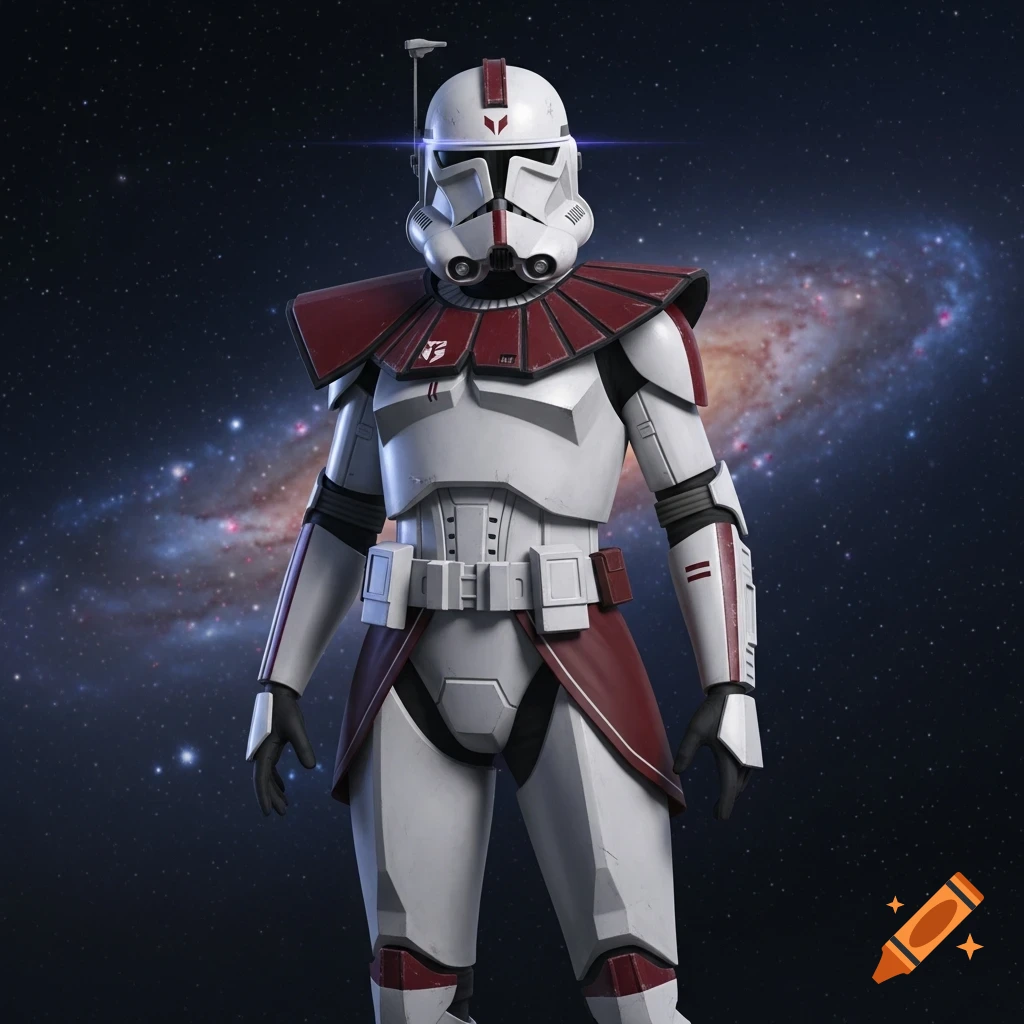 A Star Wars-style soldier in white armor with maroon accents and a V-shaped visor, standing against a galaxy background.