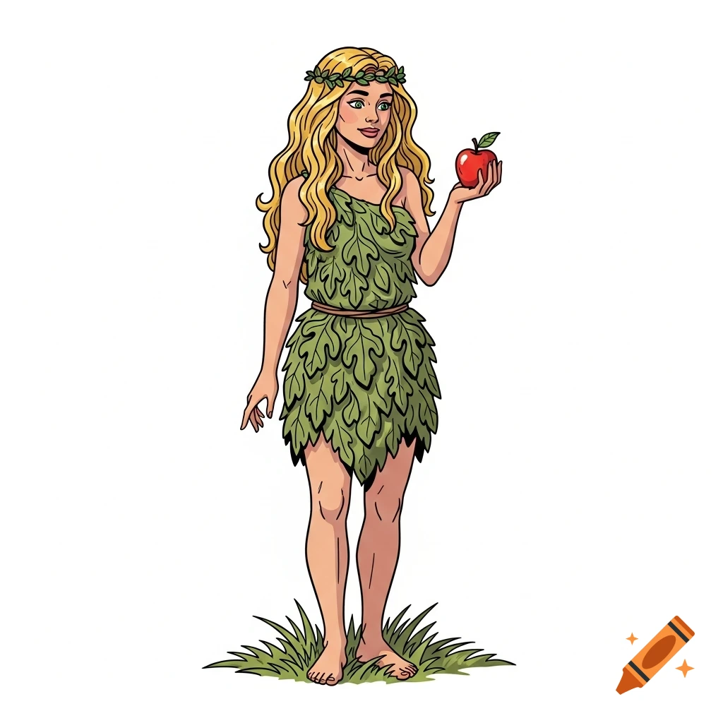 A blonde woman in a leaf dress, Eve, holds a red apple, standing on grass in comic book style.