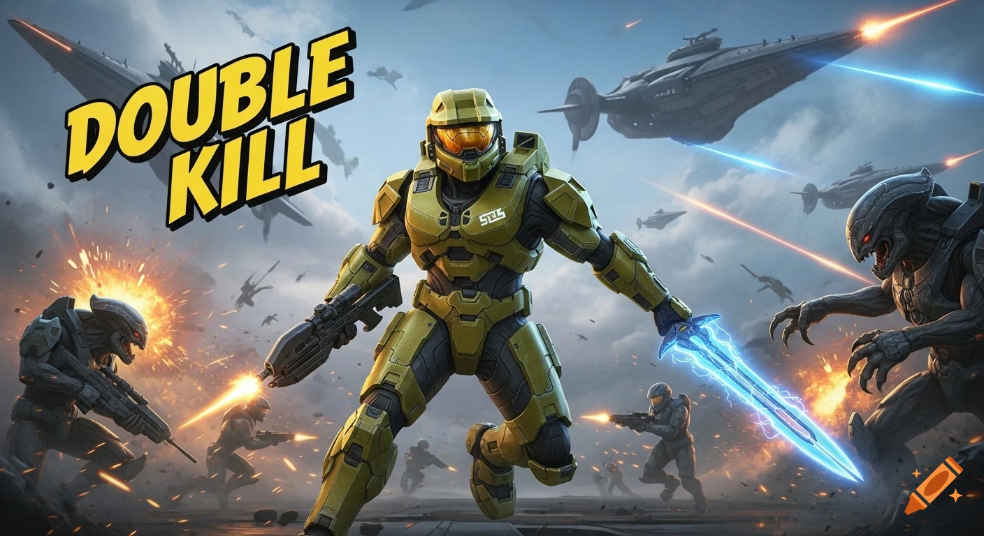 A cinematic Halo-style scene with a green armored soldier fighting alien monsters, holding an energy sword and sniper rifle, amidst explosions and spaceships in the sky. Text reads 'DOUBLE KILL'.