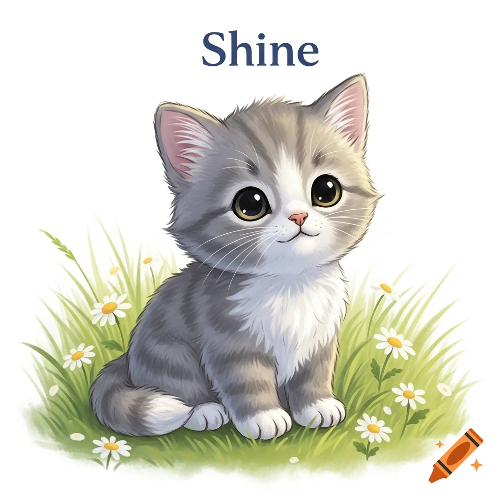 Cartoon kitten with gray and white fur and big eyes sits in green grass with daisies, with the word 'Shine' above it.