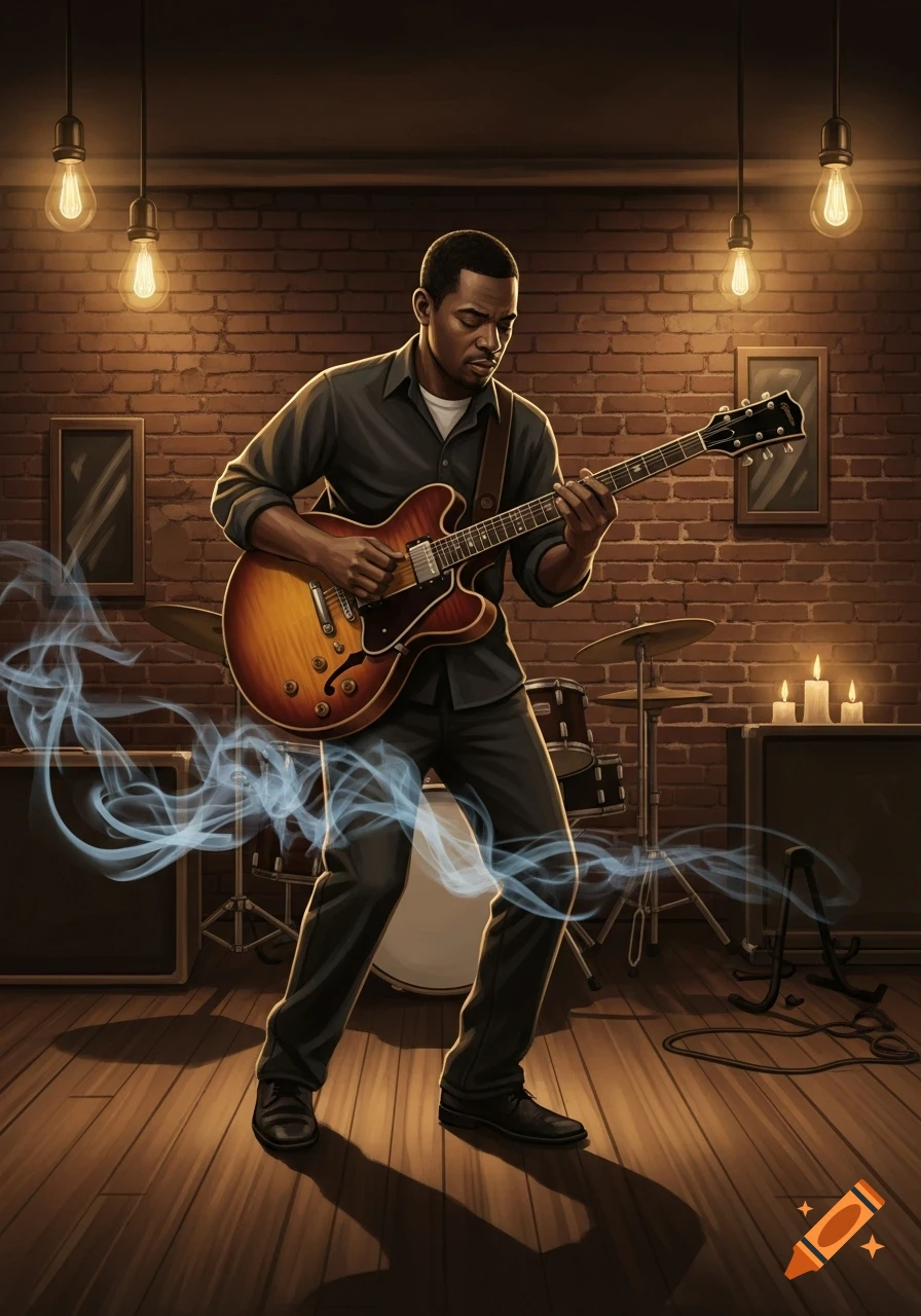 A man plays an electric jazz guitar in a dimly lit room with a brick wall and hanging light bulbs, with drums in the background.