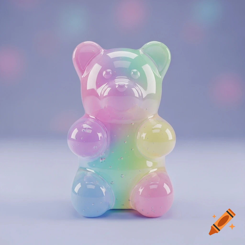 A glossy, transparent gummy bear with pastel rainbow colors stands on a purple surface, with soft bokeh lights in the background.