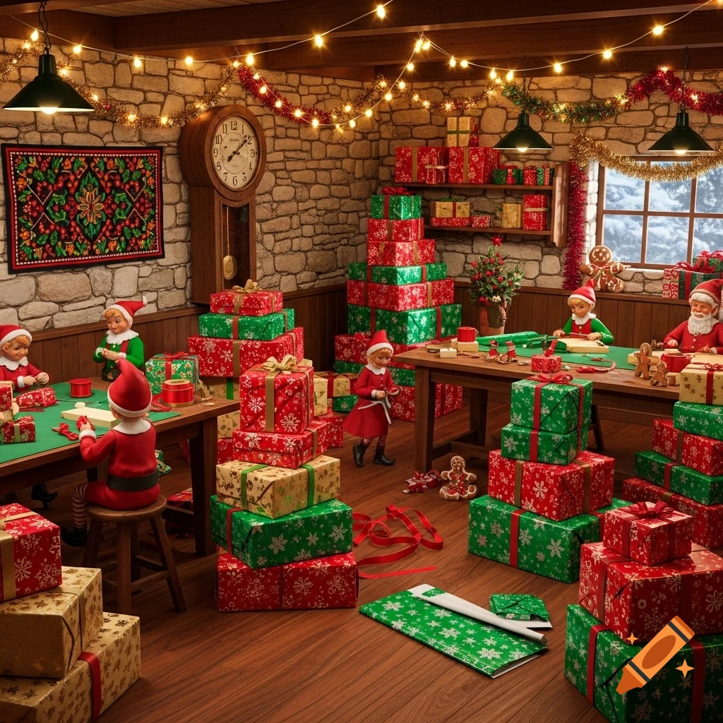 Santa's workshop, bustling with elves wrapping red and green Christmas gifts, under festive string lights.
