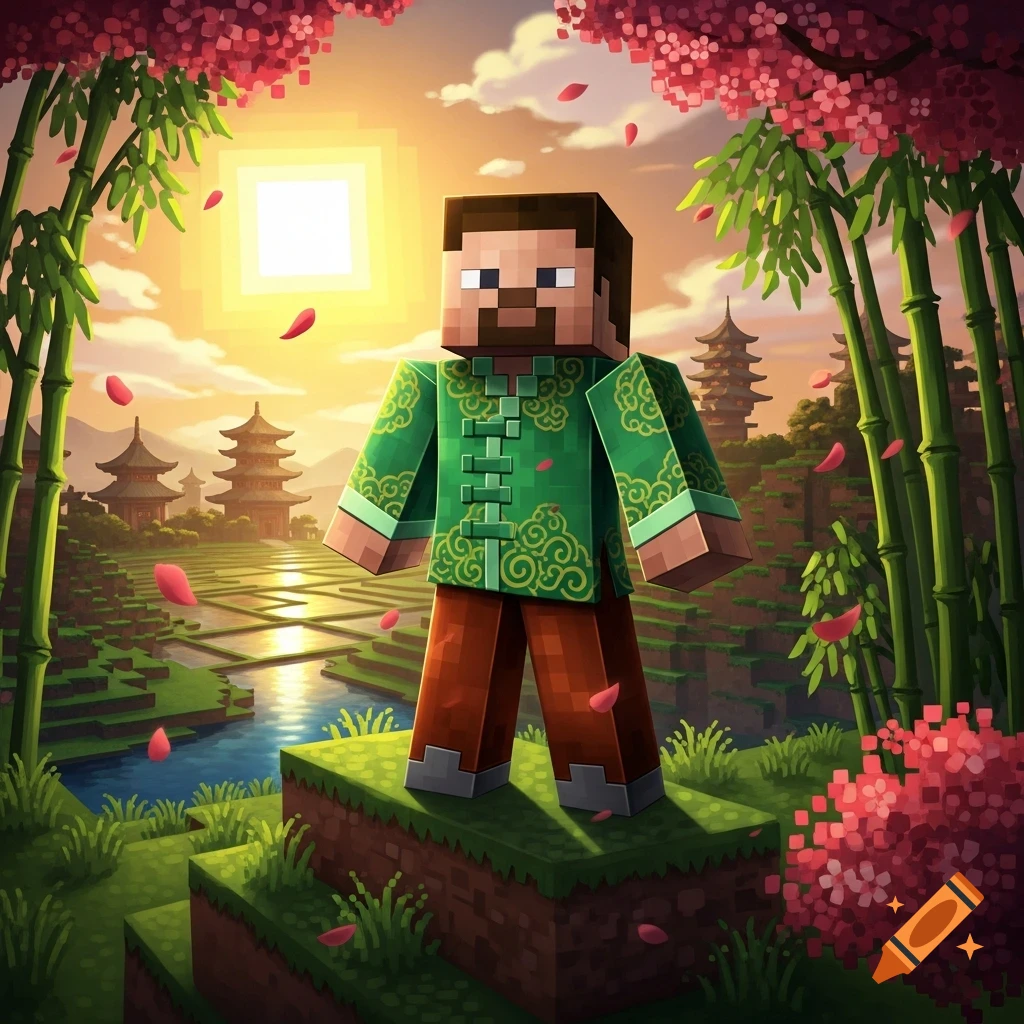Minecraft Steve wears a green Chinese outfit in a stylized landscape with pagodas, bamboo, and falling pink blossoms at sunset.