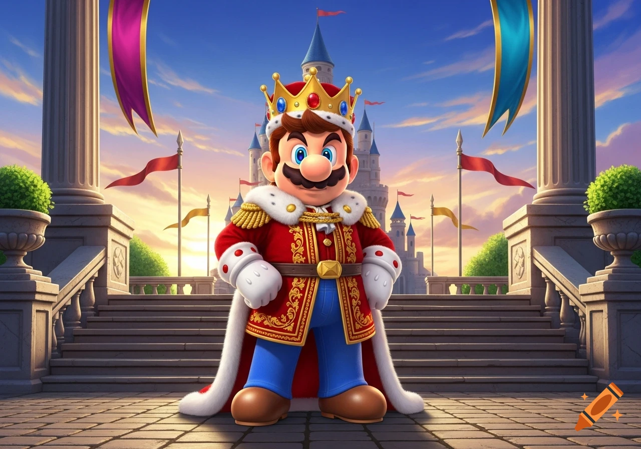 Mario dressed as a king, standing regally in front of a grand castle with banners under a colorful sky.