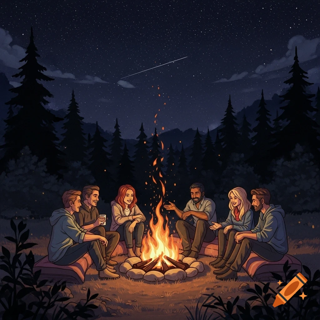 Six stylized people sit around a crackling campfire in a dark forest under a starry night sky.
