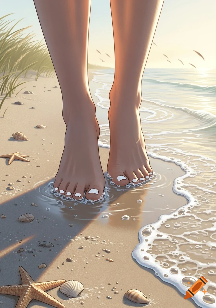 Close-up of a person's feet with white nail polish standing in shallow ocean water on a sandy beach, with seashells and a starfish nearby, in an illustrative style.