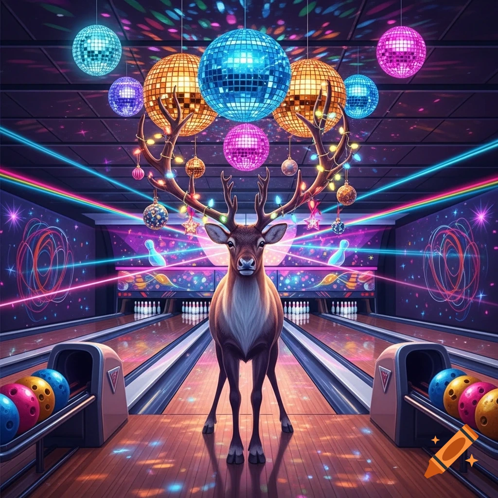 A reindeer stands centered in a neon-lit disco bowling alley with shimmering disco balls and glowing lanes.