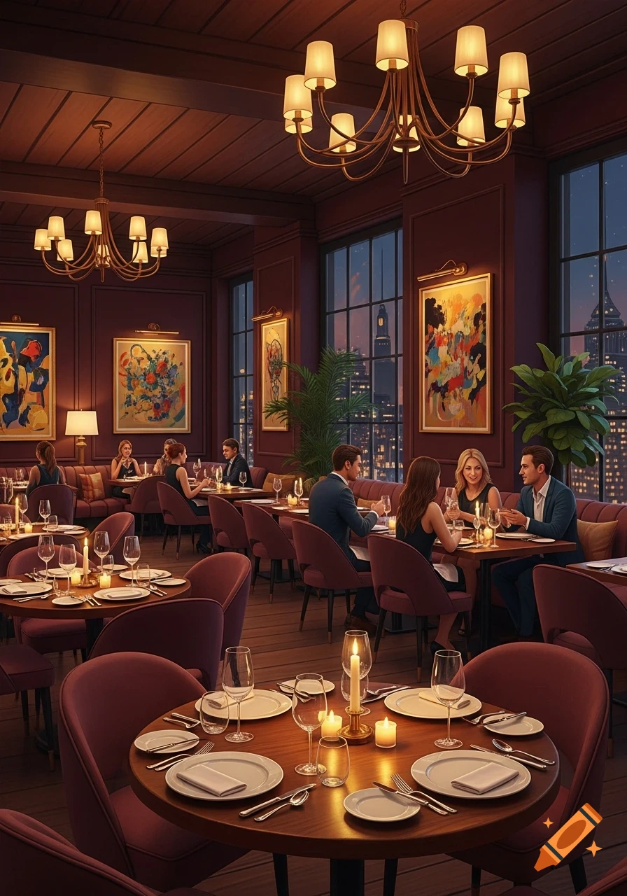 An elegant, dimly lit restaurant interior with patrons dining at tables and large windows overlooking a city skyline at night.