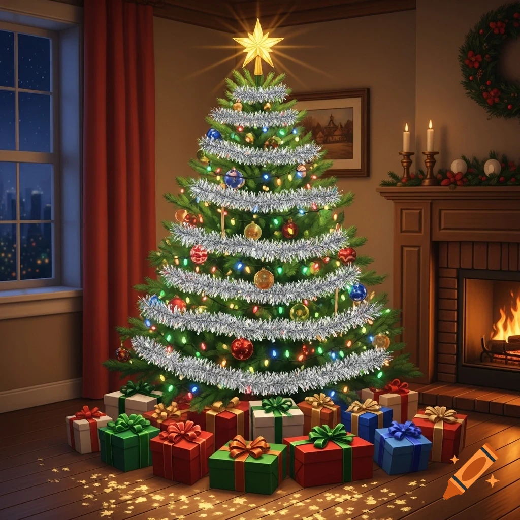 A brightly lit Christmas tree adorned with tinsel and ornaments, surrounded by colorful gifts, stands in a festive room with a fireplace.