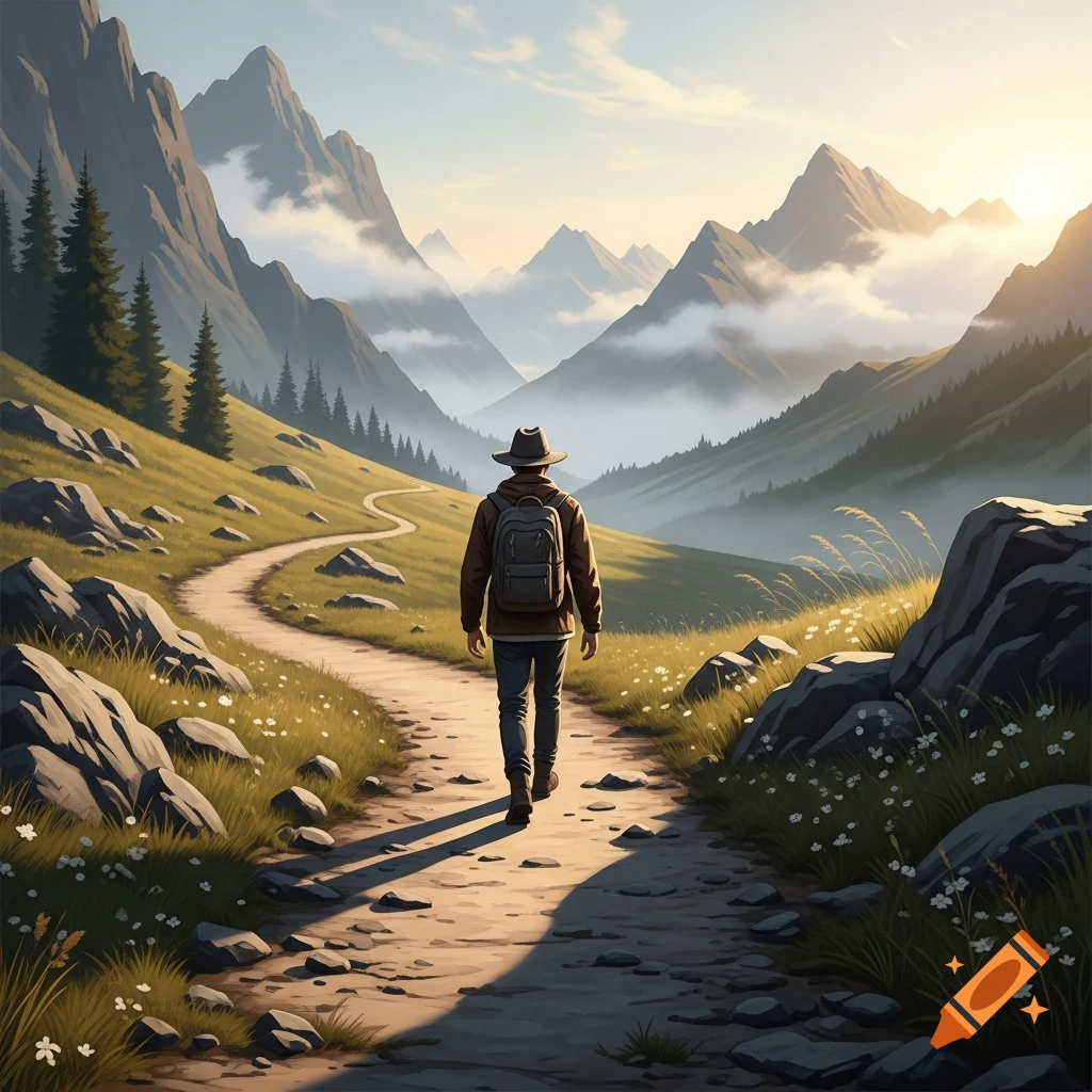 A person with a backpack walks on a winding path through a grassy mountain valley with a sunrise.