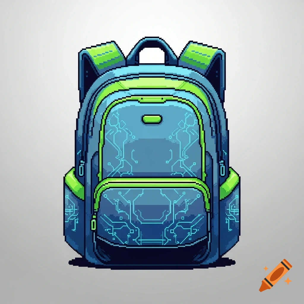 Pixel art blue and neon green backpack with futuristic circuit board patterns.