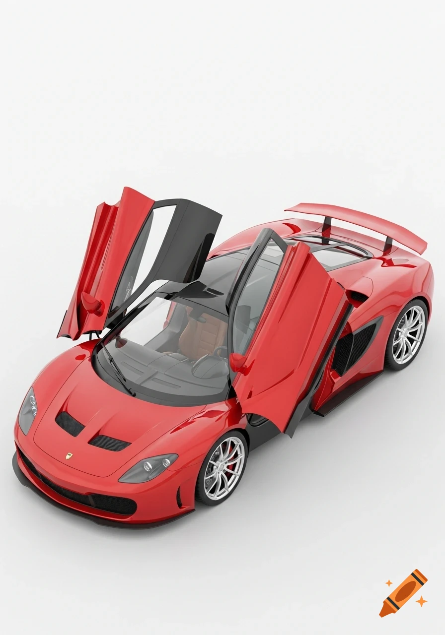 A red sports car with its butterfly doors open, viewed from an isometric angle on a clean white background.