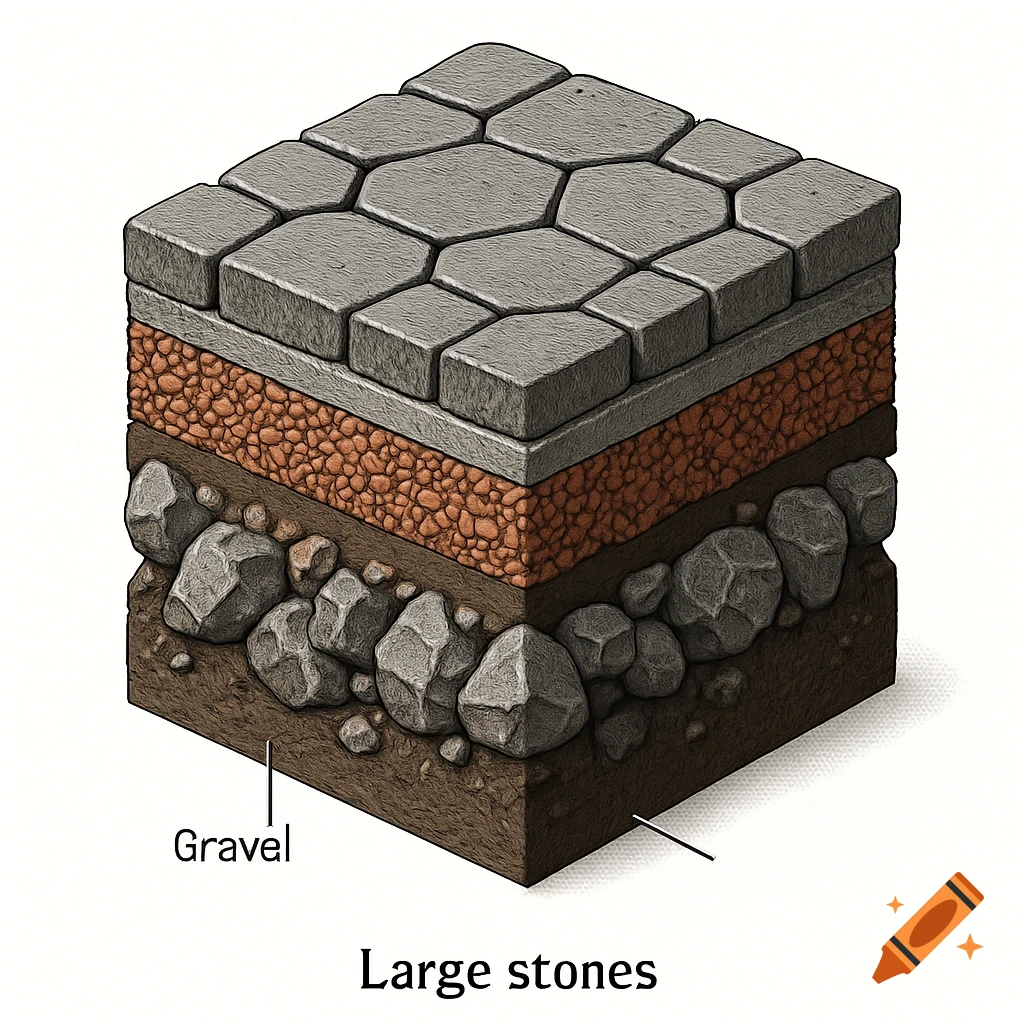 An isometric cross-section diagram of a Roman road, showing layers of polygonal paving stones, gravel, and large rocks in mud.