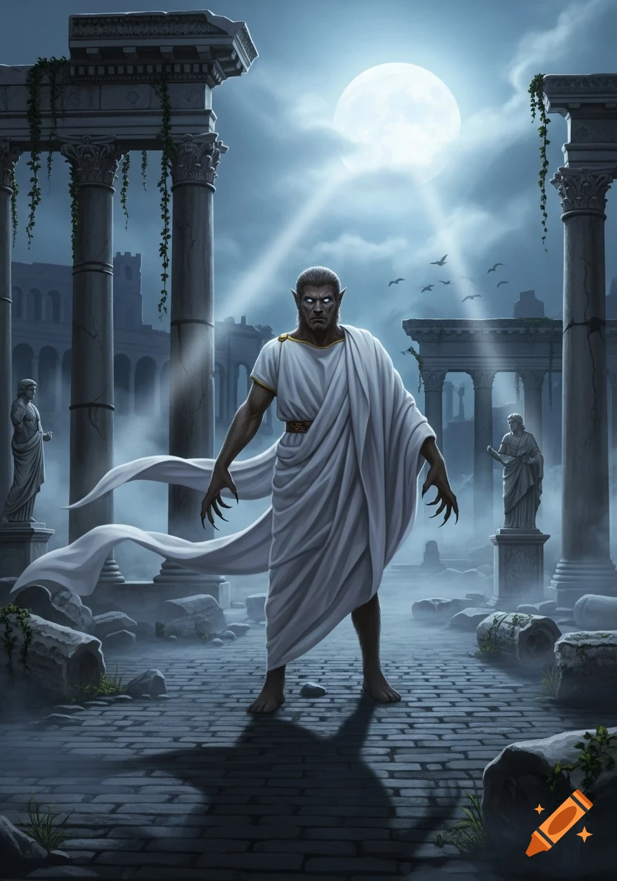 A male werewolf in a white toga with glowing eyes stands amidst ruined ancient Roman columns under a full moon and mist at night.