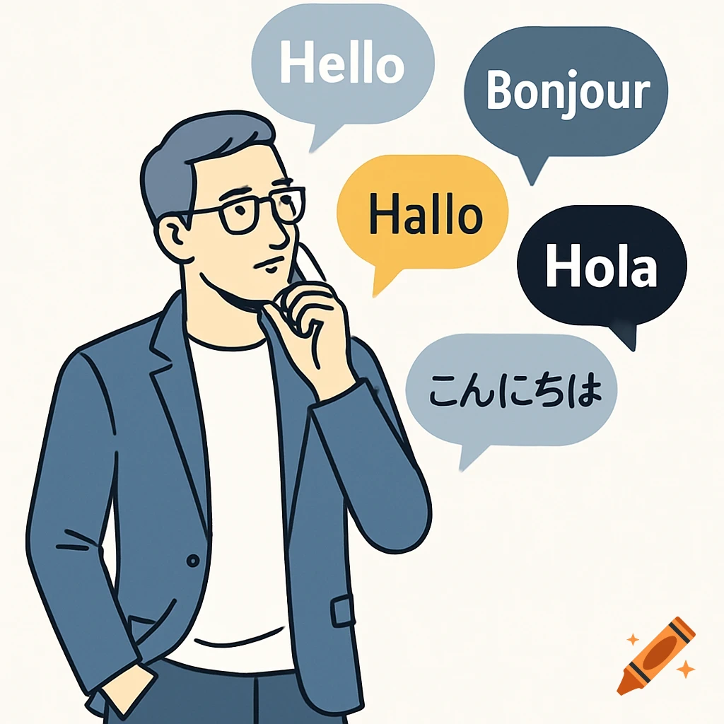 Stylized illustration of a man in glasses with speech bubbles saying 'Hello' in multiple languages, signifying communication.