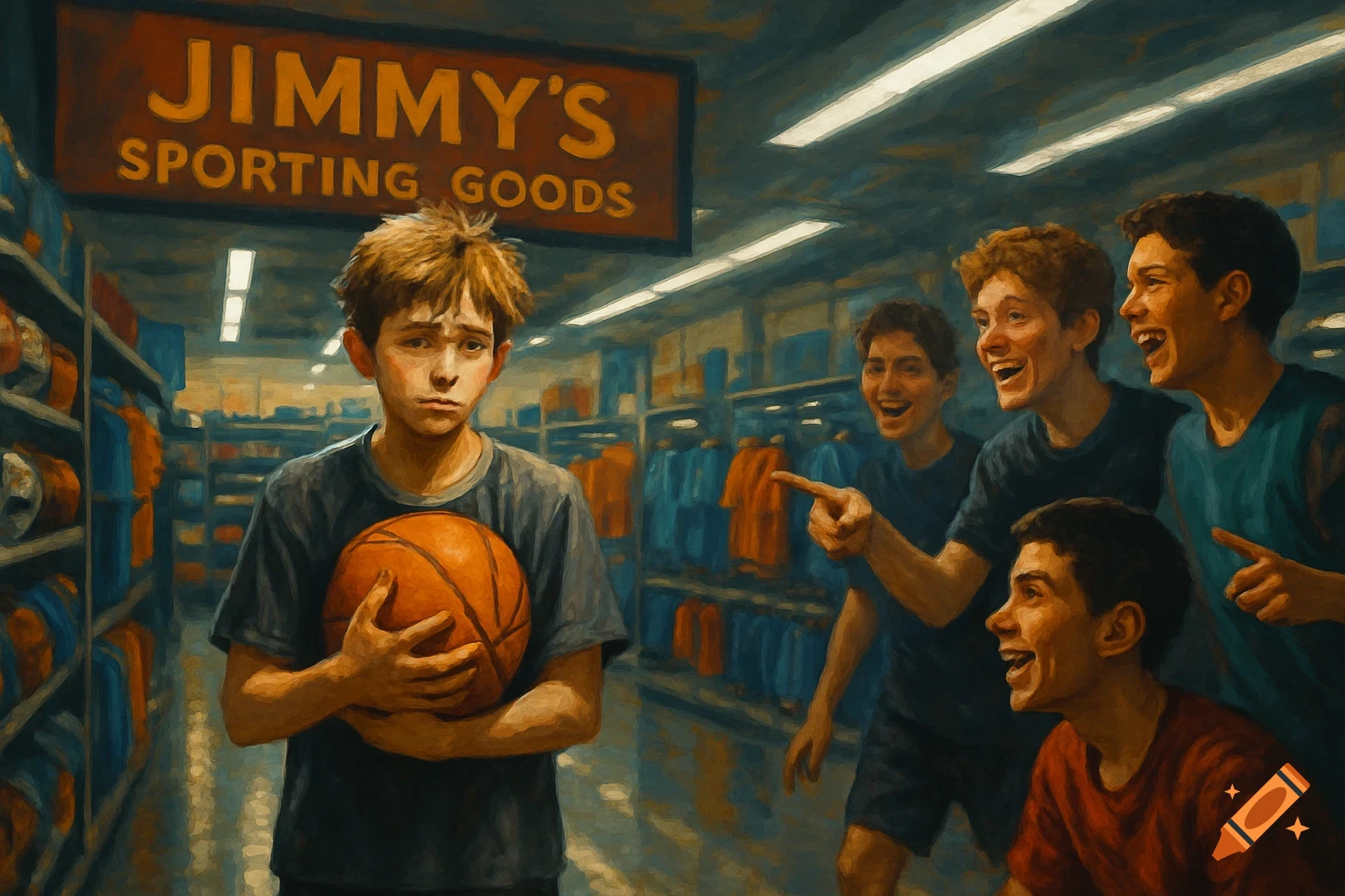 A sad boy holding a basketball in a sporting goods store is laughed at by other boys, in a painterly style.