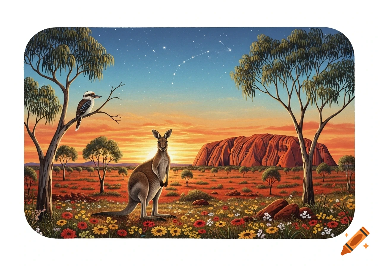 A stylized illustration of a kangaroo and kookaburra in a vibrant Australian outback sunset with Uluru in the background and wildflowers in the foreground.
