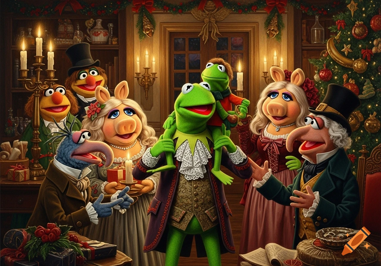 An oil painting of the Muppets, including Kermit, Miss Piggy, and Gonzo, celebrating Christmas in a warmly lit, decorated room.