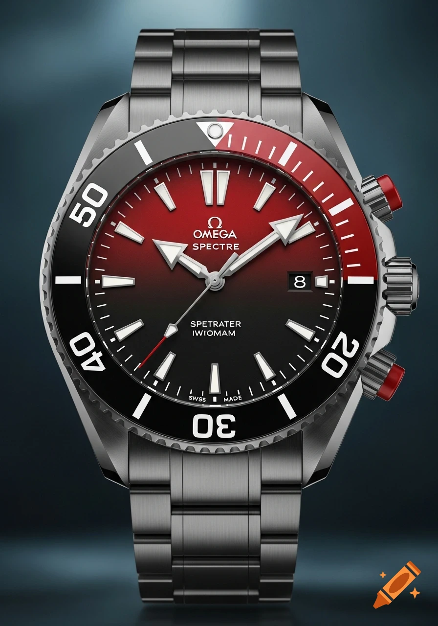 A close-up of a stainless steel dive watch with a black and red bezel, and a gradient red-to-black dial with white markers.