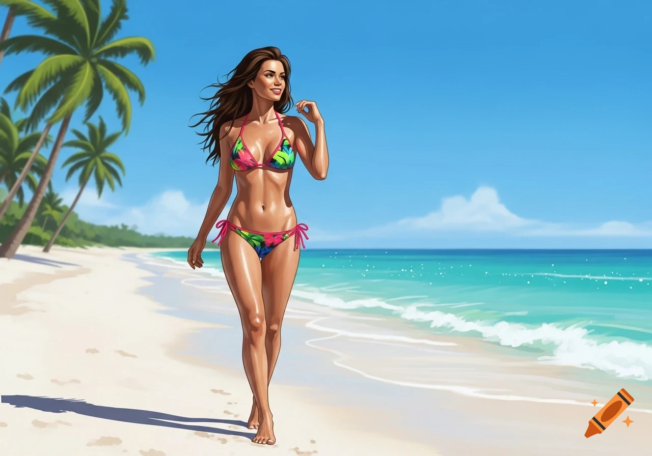 An illustrated smiling woman with brown hair walks on a sandy beach in a colorful bikini, with palm trees and ocean.
