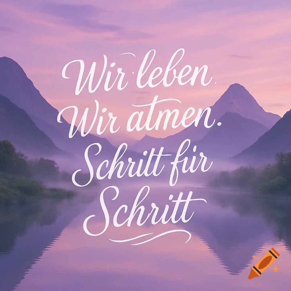Serene purple and pink mountain lake scene with white script text 'Wir leben. Wir atmen. Schritt f r Schritt'.