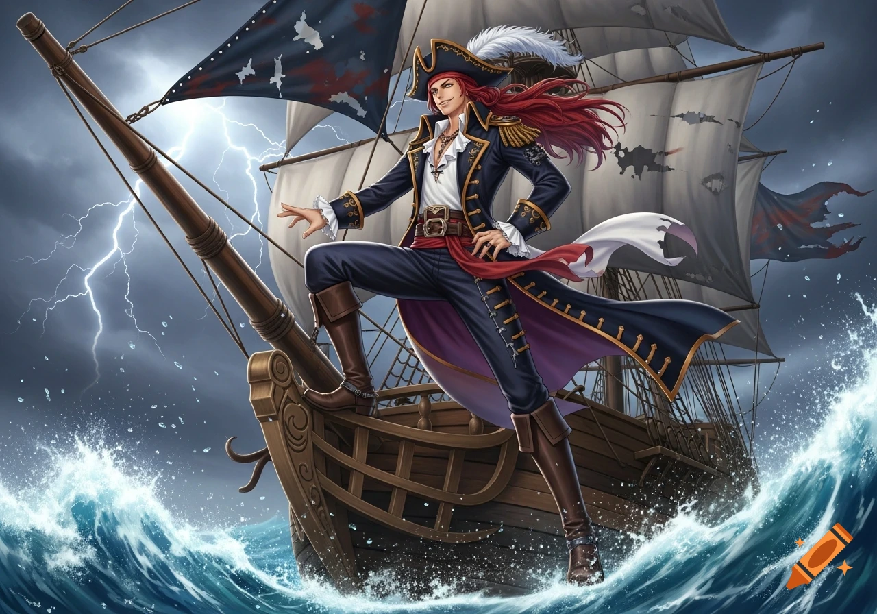 An anime pirate with long red hair and a feathered hat stands on the bow of a ship, amidst a stormy sea with lightning in the dark sky.